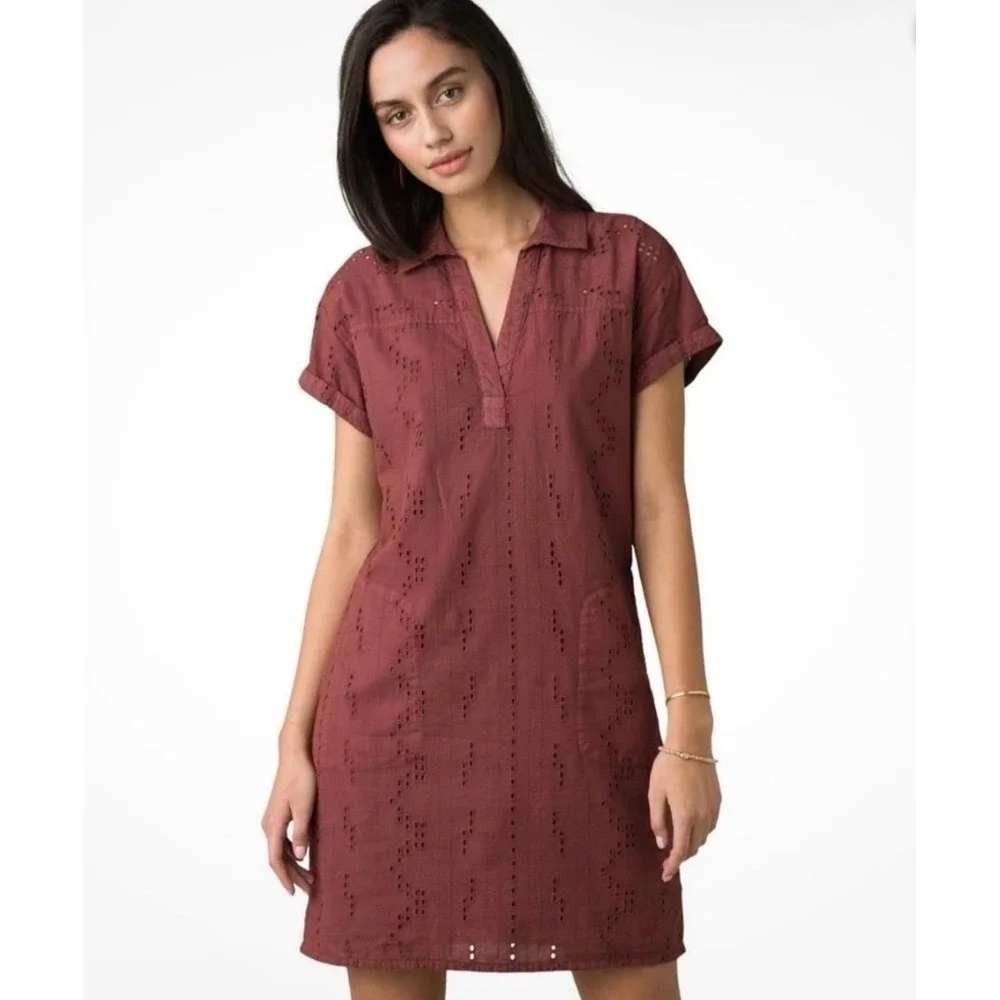Prana Ladyland Mini Shirt Dress L Terracotta Eyelet Short Sleeve Shift Pockets